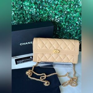 Chanel Caviar Beige Quilted Leather Le Boy Long Flap Wallet Authentic